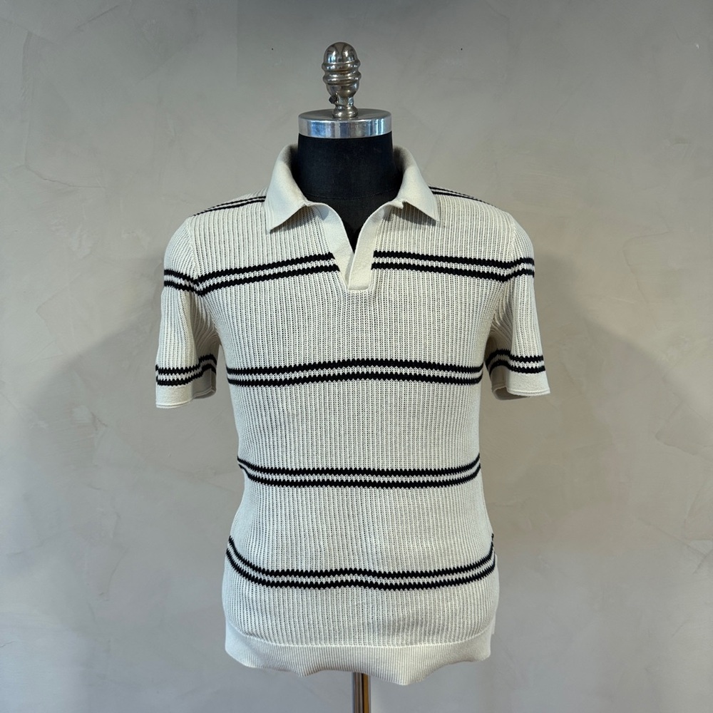 Abercrombie Cream Knit Polo Black Stripe Open Collar Textured